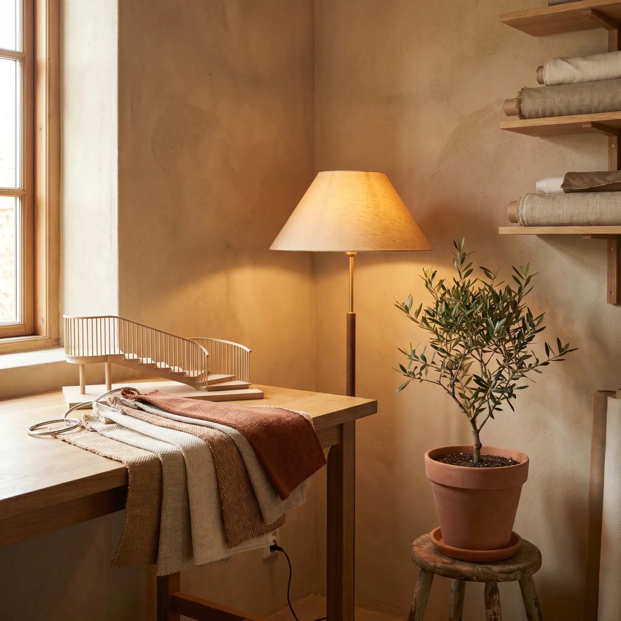 A quiet studio corner with fabric samples, rail model, lamp, and olive branch