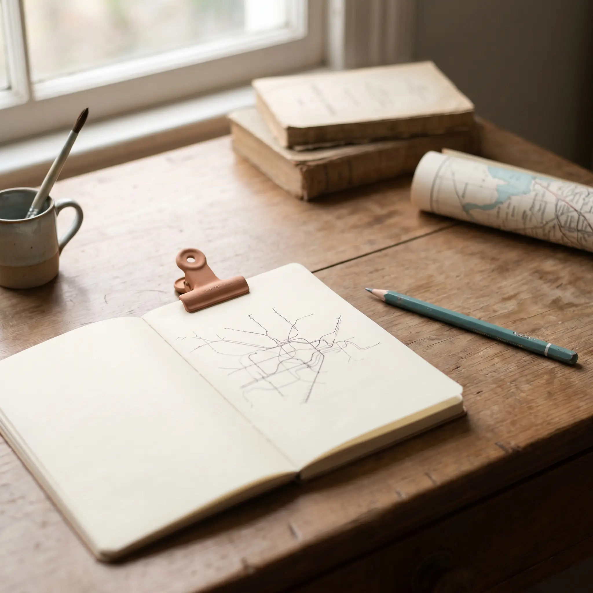 A writing desk with drawn transit arcs, notebook, pencil, and clip for Lebamo field notes