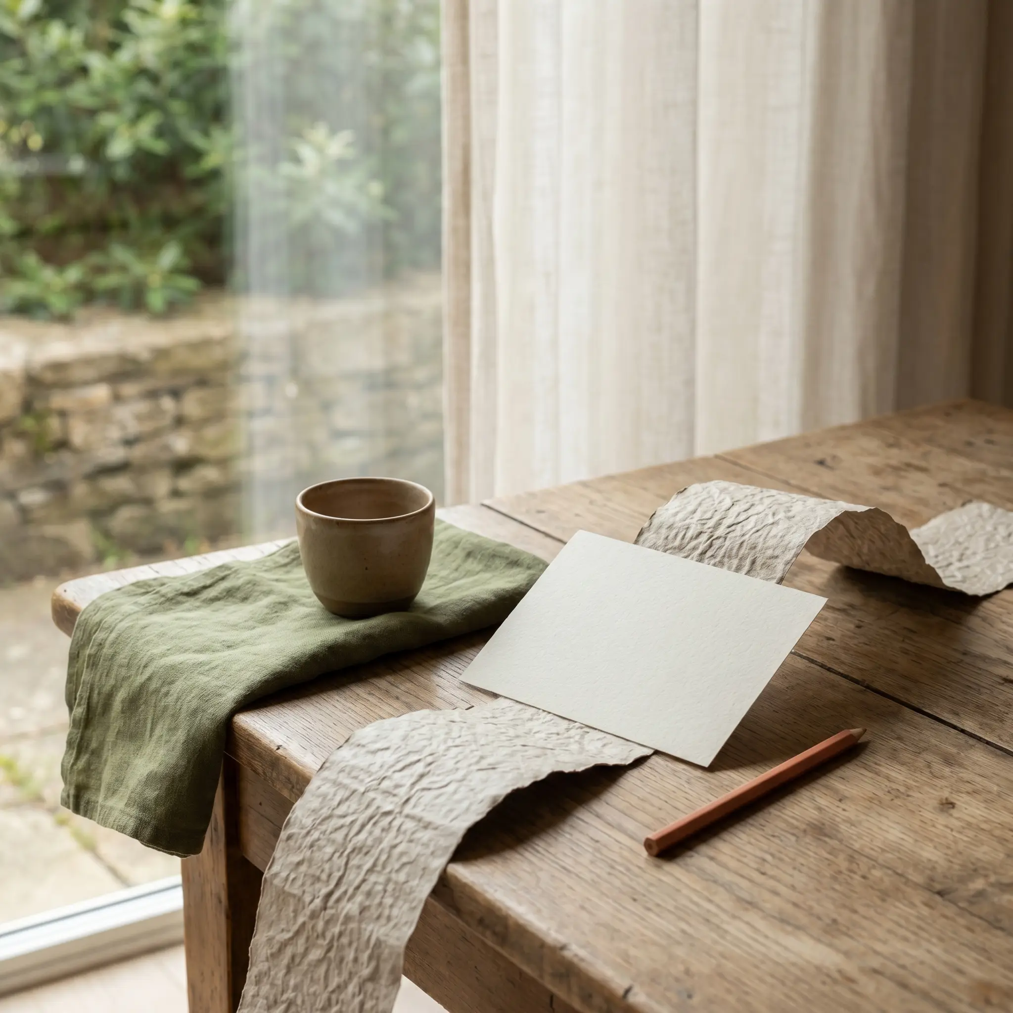 A quiet contact table with paper path, small cup, and soft natural light