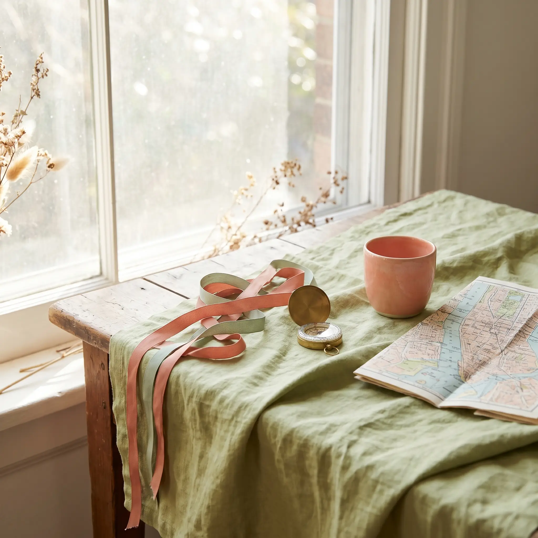 A linen table with route ribbons, compass, folded map, and morning light for Lebamo transition planning