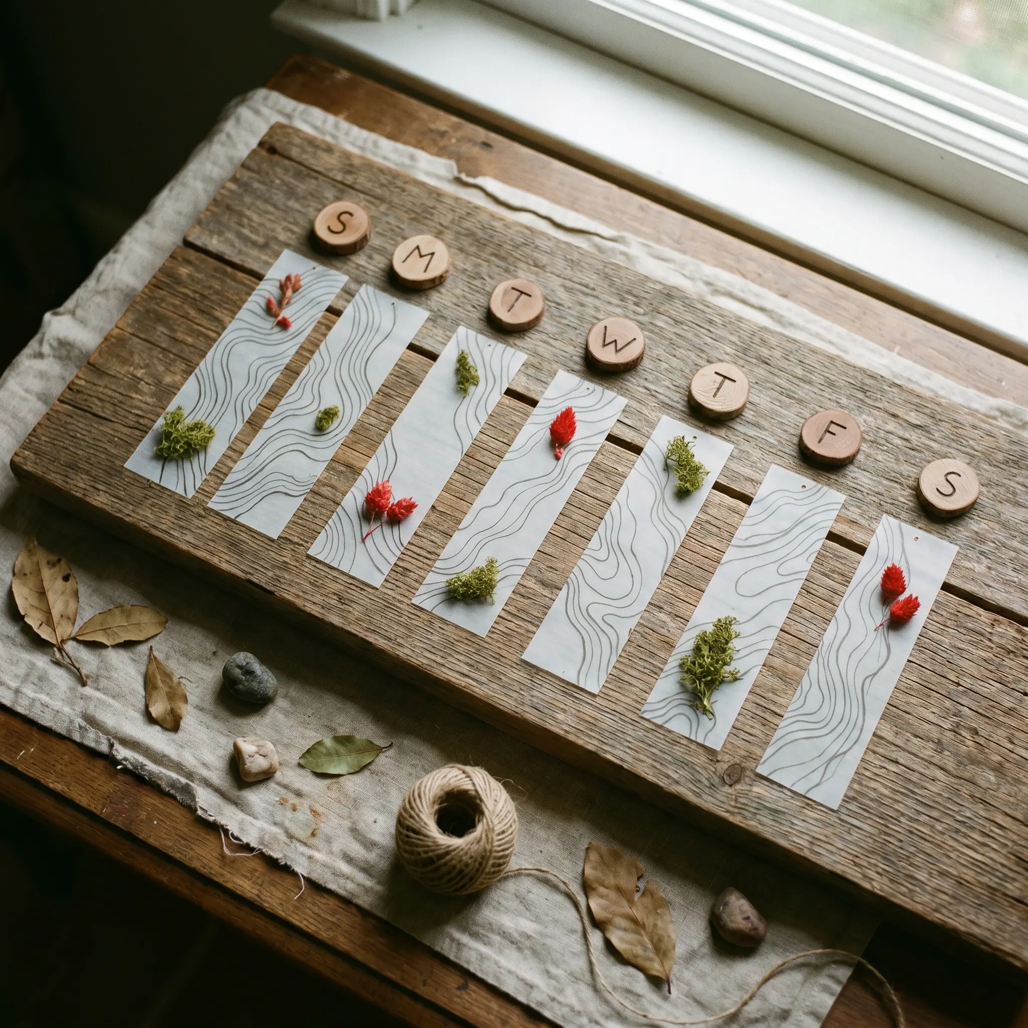 Wooden tokens and translucent paper strips arranged as a weekly movement rhythm board