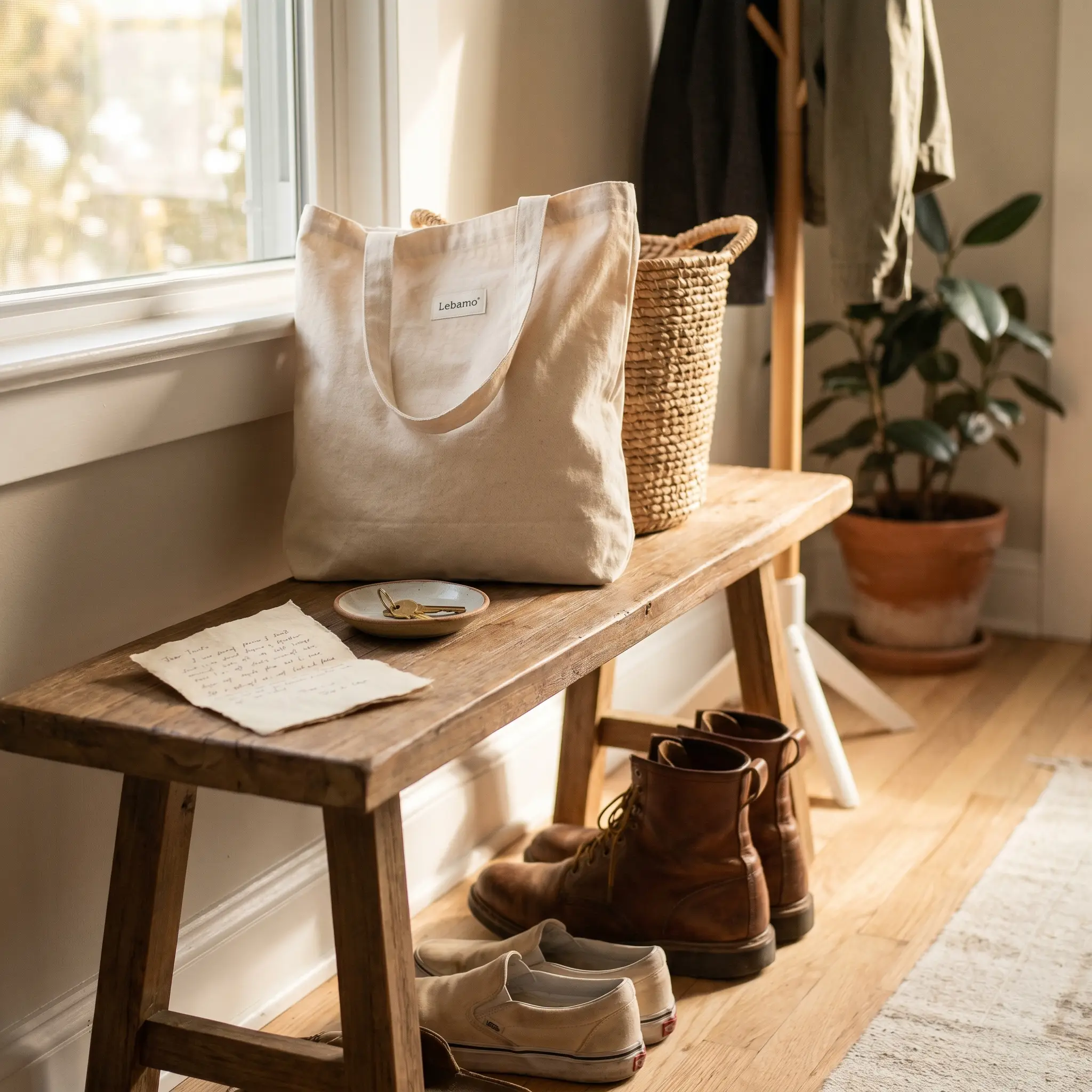 A calm home entry bench with aligned shoes, tote, key dish, and morning light